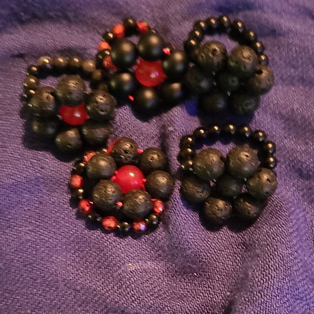 Hand Crafted Black and Red Beaded Rings